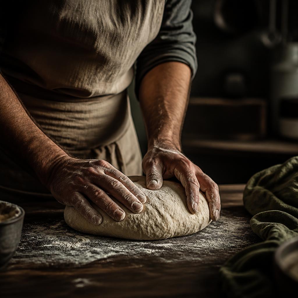 Craftsman's hands kneading dough on a floured wooden counter in warm side light.