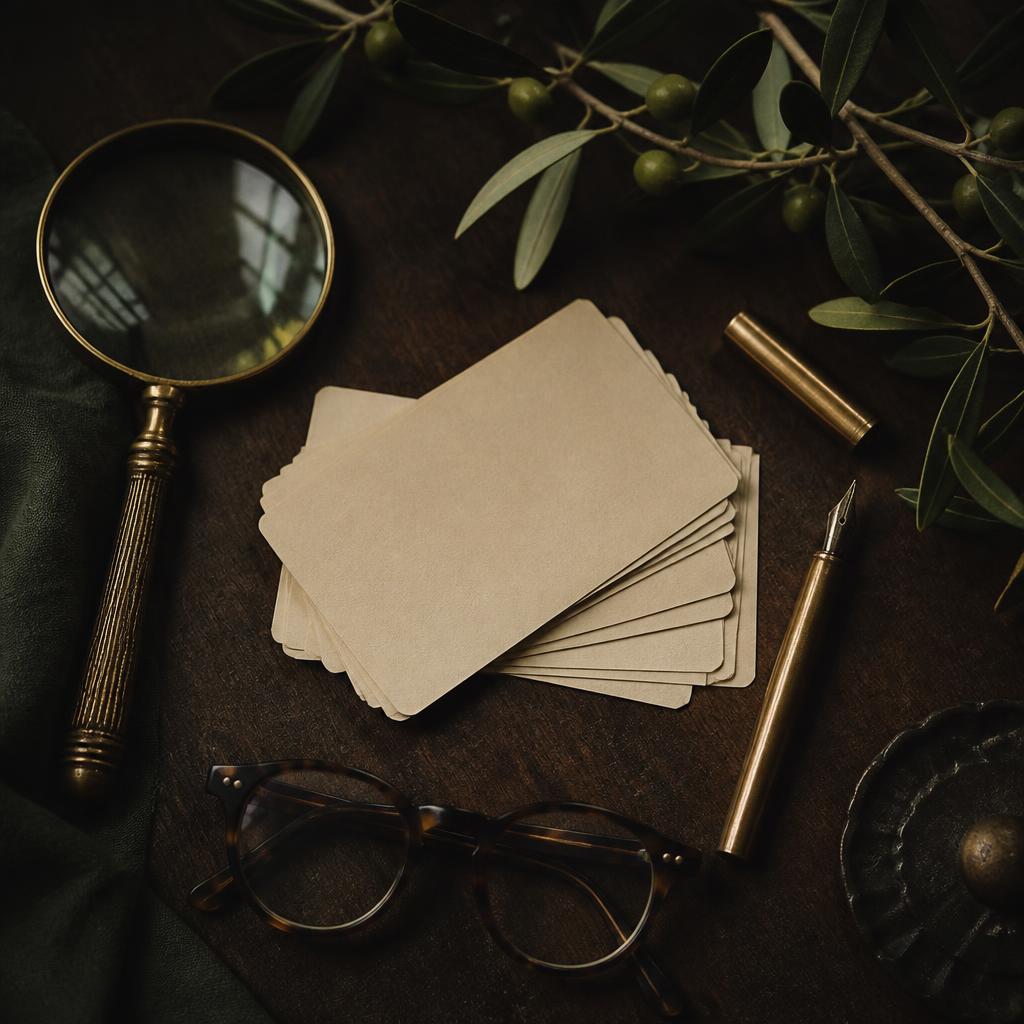 Flat-lay of printed social media screenshots, a magnifying glass, and handwritten notes with a fountain pen.