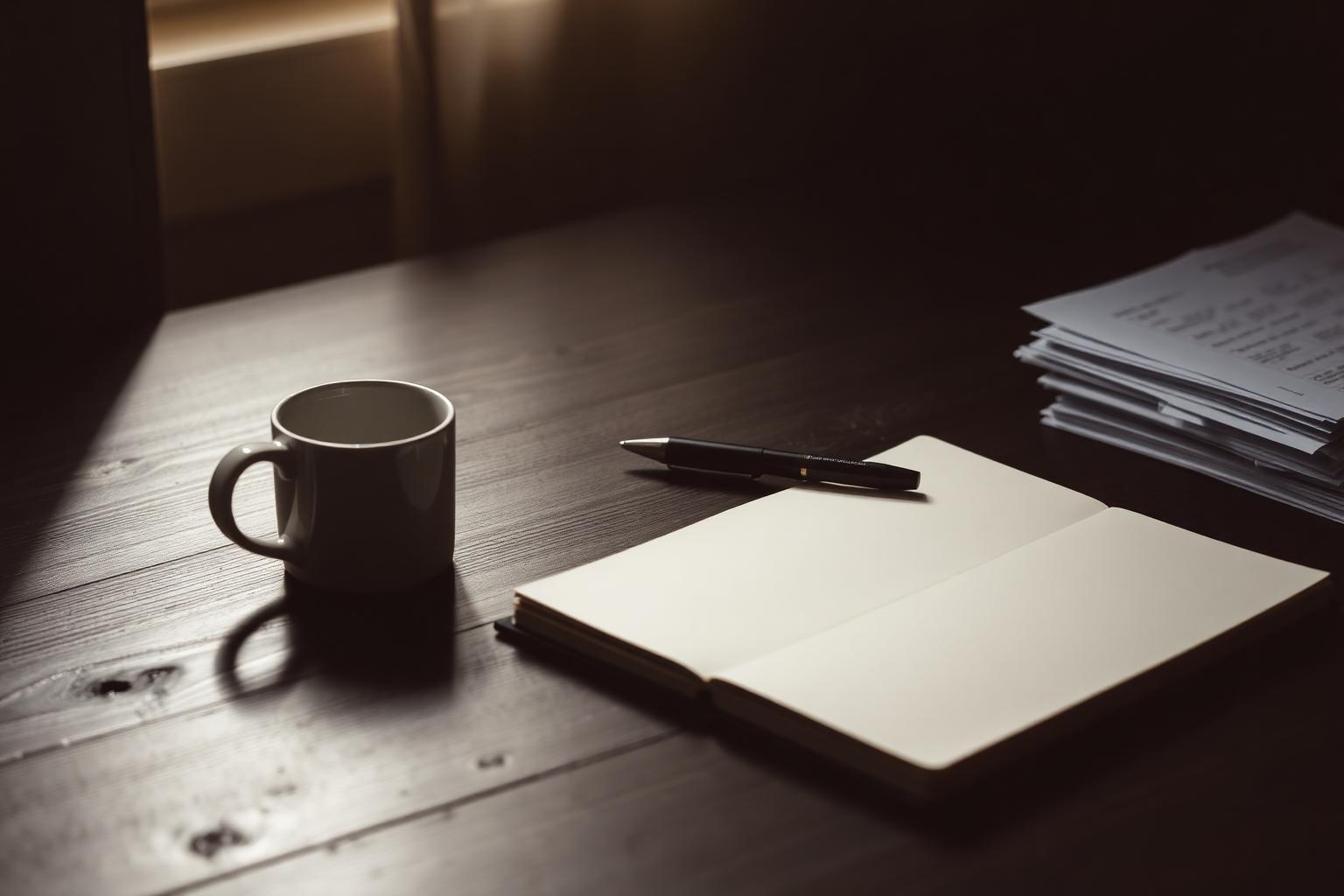Marketing strategy notebook, printed charts, and coffee on a dark wooden desk in warm side light.