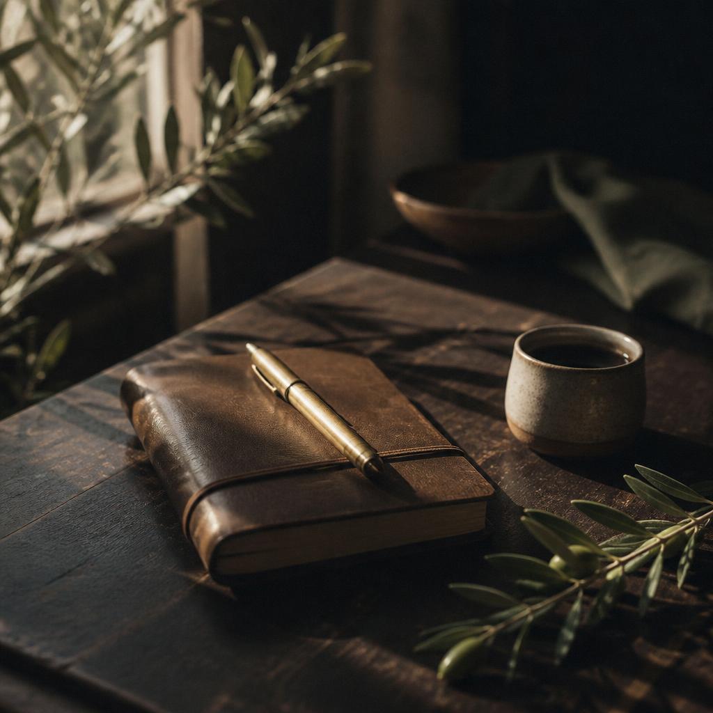 Open leather planner with a monthly calendar, fountain pen, and coffee cup on a dark wooden desk.
