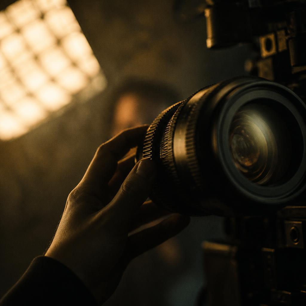 Cinema camera on a tripod and softbox lighting on a moody video shoot day.