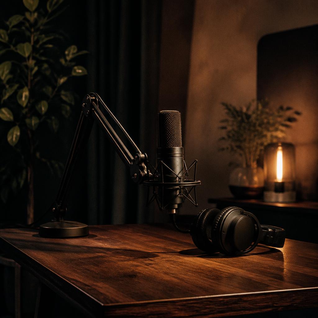 Minimal podcast setup: condenser microphone on a boom arm beside a laptop and headphones on a dark desk.